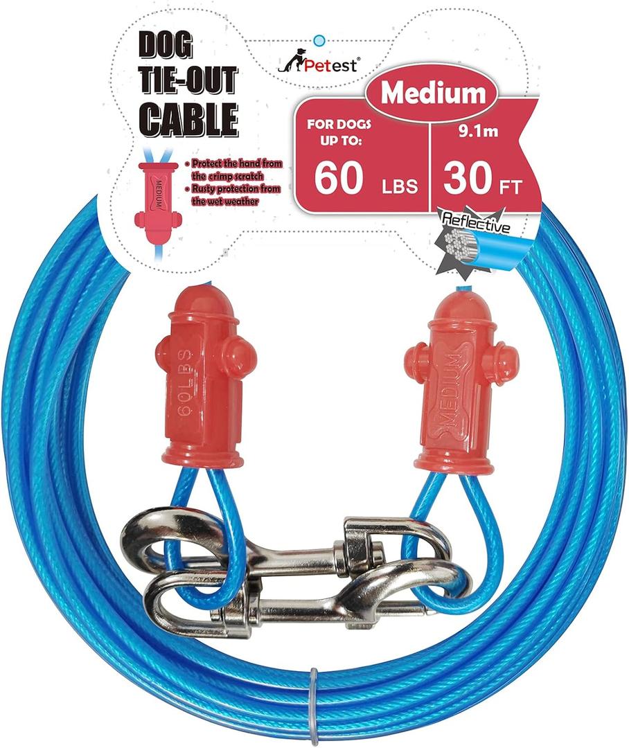 Petest Reflective Tie Out Cable with Crimp Cover for Medium Dogs Up to 60 Pounds, 30 Feet (Red & Blue)