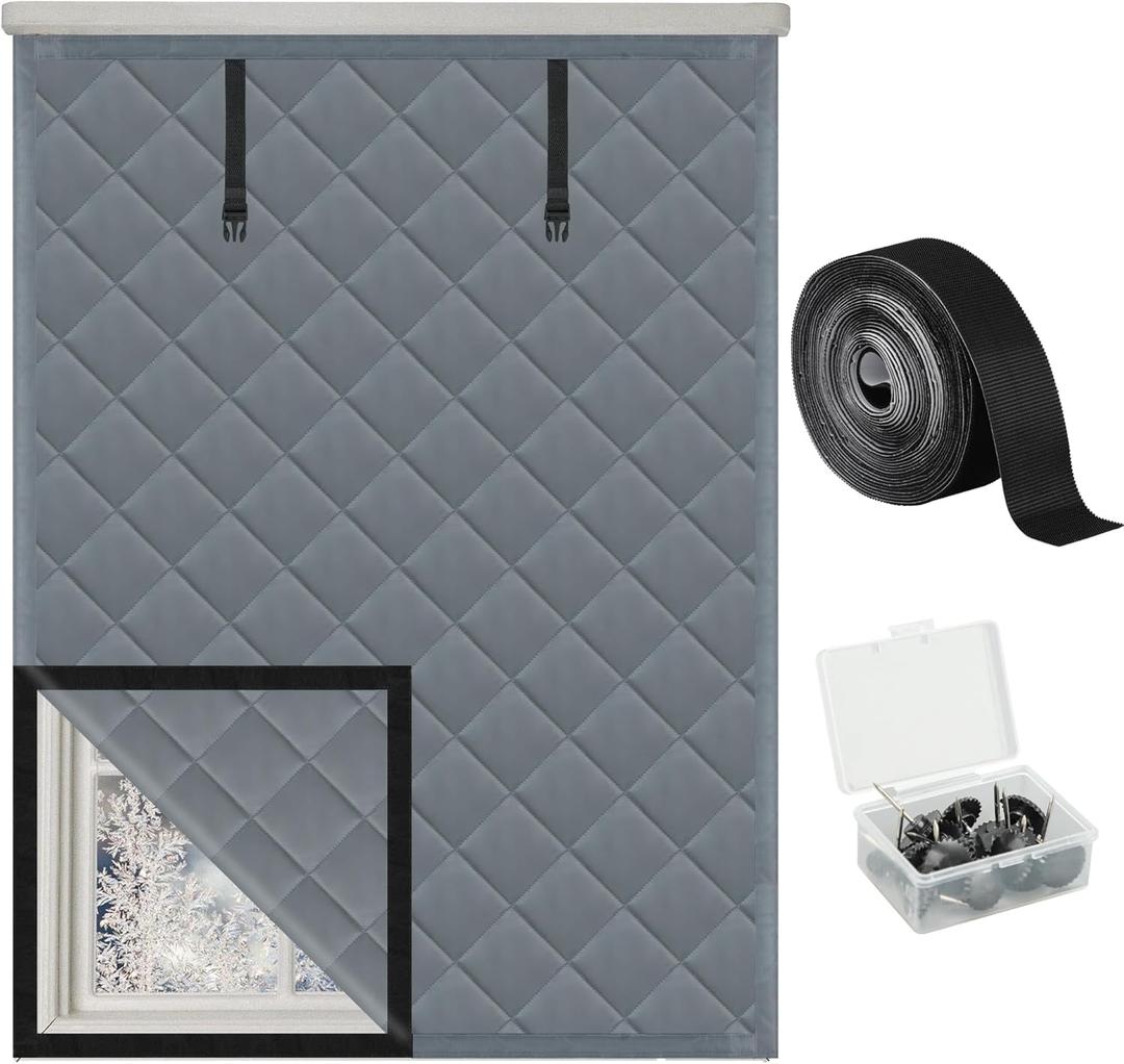 Winter Insulated Window Cover 47in x 63in Thermal Insulated Window Cover 3 Layer Oxford Cloth Cotton Windows Blanket Heavy Duty Windows Insulation Kit for Winter to Keep Warm, Gray