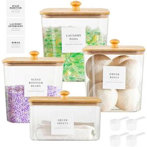 3+1 Pack Laundry Pods Container & Dryer Sheet Holder, Acrylic Square Laundry Room Organization and Storage Jars with Wooden Lids & Labels for Powder, Scent Booster, Detergent