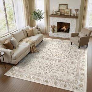 WITSHOCK 9x12 Area Rugs for Living Room - Washable Vintage Rug Retro Antique Dark Large Non Slip Low Pile Soft Indoor Floor Carpet for Bedroom Dining Room Home Decor, Beige