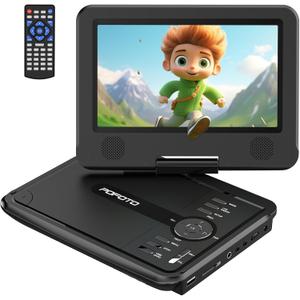 POFOTO 9.5" Portable DVD Player for Kids and Car with 7.5" Swivel Screen, 4-6 Hour Working Time, Car DVD Player with Dual Speakers, Remote Control, Support Sync TV, Region Free USB/ SD/ AV- Black