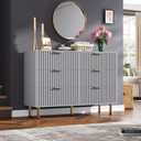 6 Drawer Dresser for Bedroom, Fluted 47.2 in Wide Modern Chest of Drawers with Deep Drawers, Long Large Double Dresser TV Stand, Wooden Dresser Organizer for Living Room, Hallway, Kids Room, Grey
