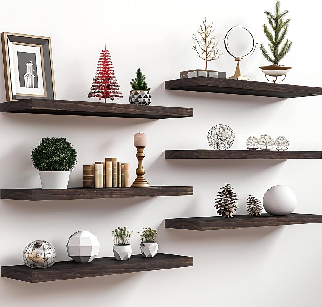 PHPH 24 Inch Wood Floating Shelves for Wall, Wooden Wall Shelves for Bedroom, Set of 6, Brown