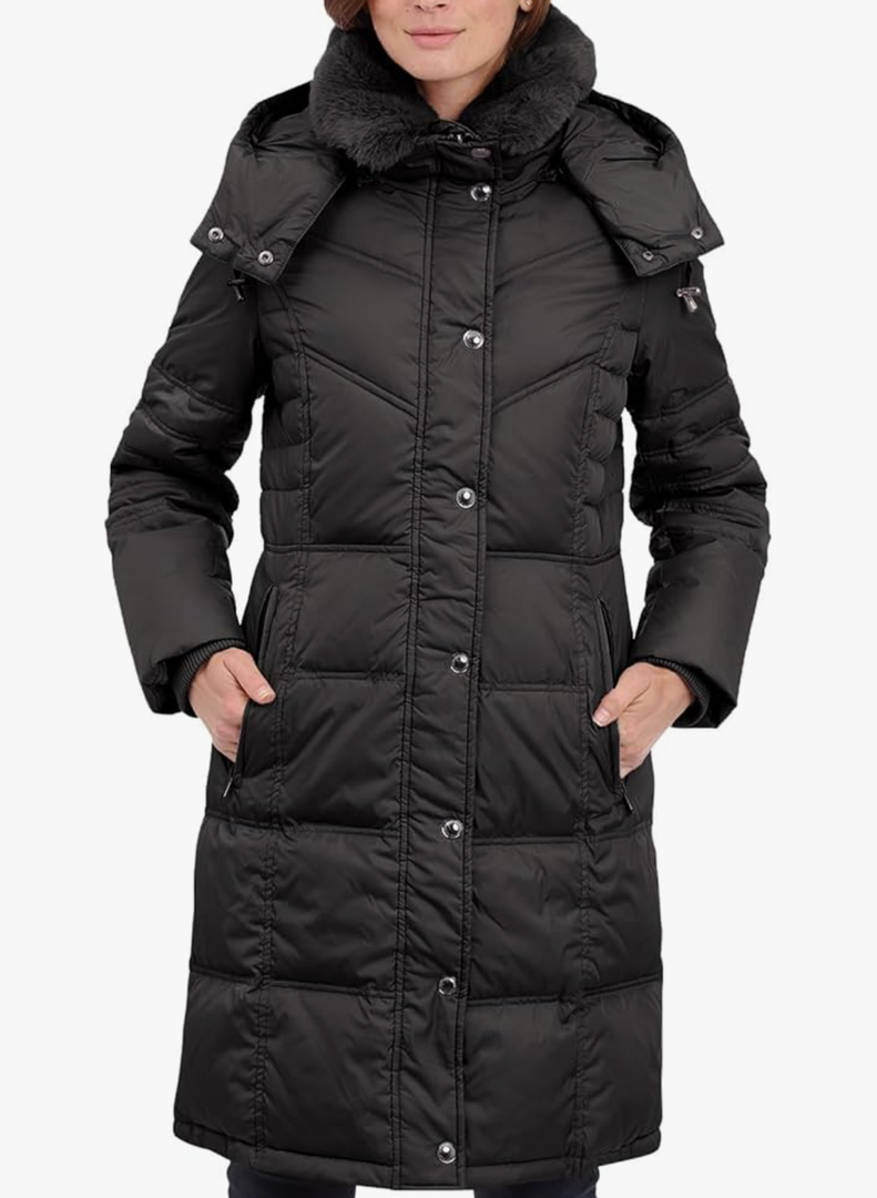 LONDON FOG womens Chevron Coat With Faux Fur Trimmed Hood, Black, Medium