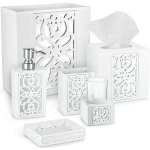 Creative Scents Mirror Janette White Bathroom Accessories Set Complete - 6 Piece Bathroom Set Includes: Soap Dispenser, Toothbrush Holder, Tumbler Cup, Soap Dish, Tissue Cover, and Wastebasket