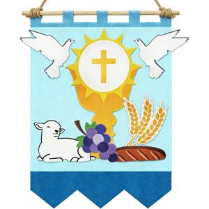 First Communion Banner Kit 11 x 15.74 Inch First Holy Communion Banner Kits Felt DIY Decor Set Include White Dove Communions Cup Lamb Grape Skewers for Church Sunday School (Blue)