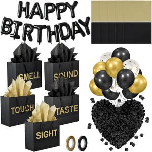 Foxtell 5 Senses Gift Bags Five Senses Birthday Decorations with Tissue Paper Ribbon Happy Birthday Banner Balloons Rose Petals Ribbons for Party(Black Gold)