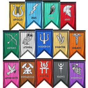 Greek Gods Banners, 14pcs Percy Jackson Cabin Banners, Htabiol Greek Mythology Party Banner, Percy Jackson Cabin Flags, Fit for Percy Jackson Party, Percy Jackson Birthday Party (12"x7.3", Polyester)