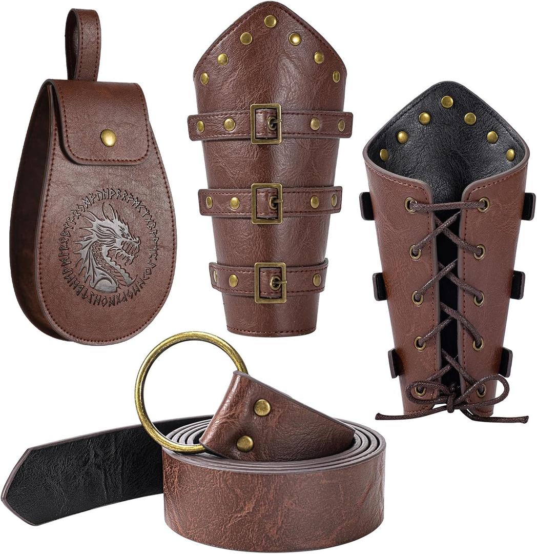 Berenlu 3 PCS Renaissance Accessories, Viking Belt, Medieval Vintage Belt Pouch & Leather Bracers for Halloween LARP Cosplay (Brown)