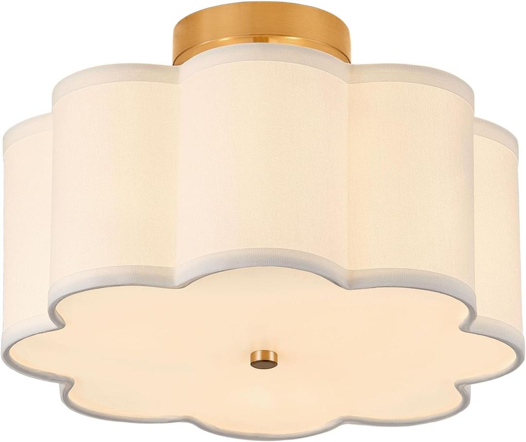 13.3" Semi Flush Mount Ceiling Light Fixture, 3-Light Modern Close to Ceiling Light With Fabric Flower-Shaped Shade, Light Fixtures Ceiling Mount for Bedroom Nursery Kids Room Living Room(Gold)
