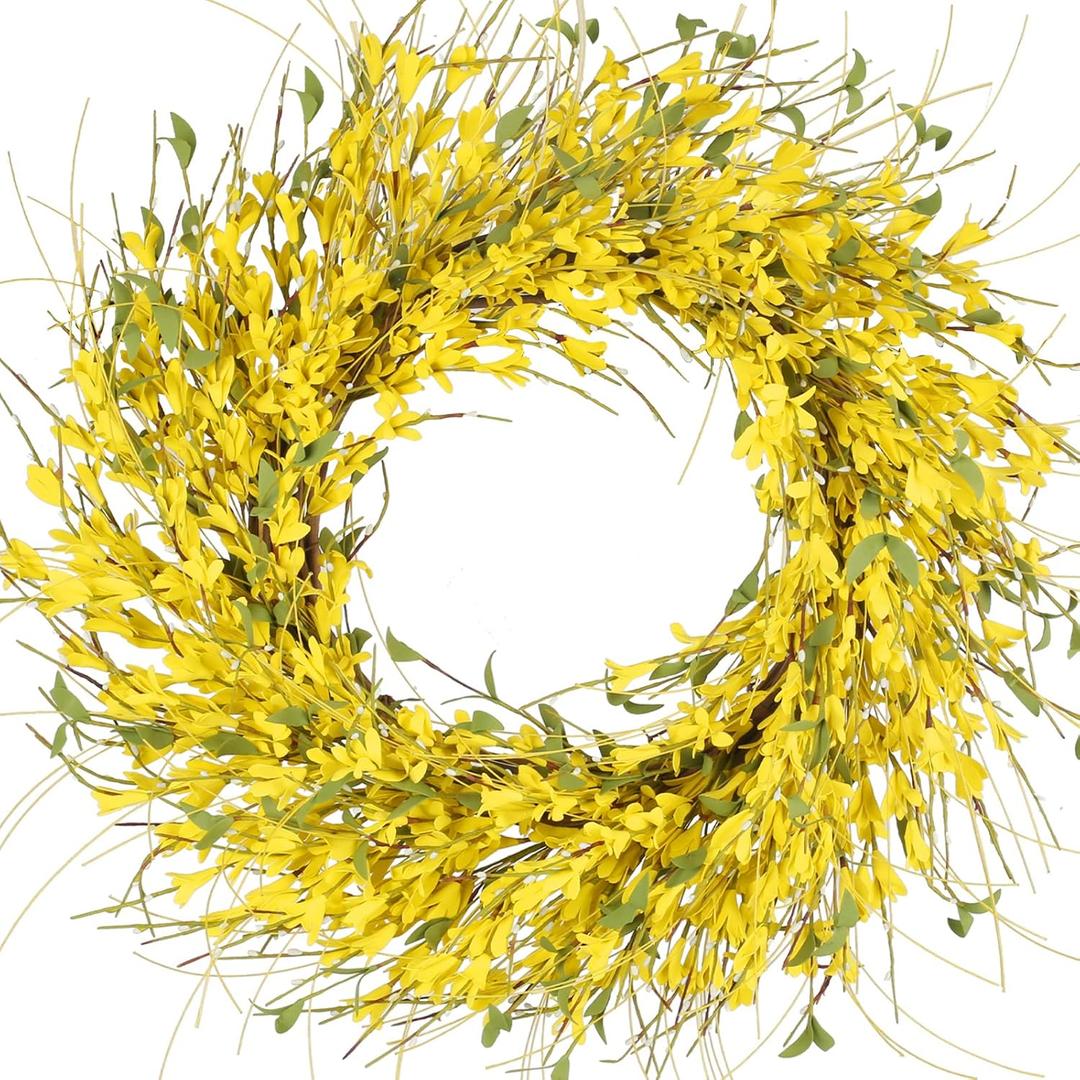 GTIDEA 24" Spring Wreaths for Front Door Artificial Forsythia Flower Wreath on Grapevine Yellow Wreath with Green Leaves Silk Floral Wreath for Home Indoor Wall Window Garden Porch Farmhouse Decor