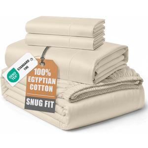 LANE LINEN 100% Egyptian Cotton Queen Sheet Set, Soft & Comfy Hotel Like Thick Fully Elasticized Mercerized Cotton Queen Size Set, No Pill Fade Resistant Queen Sheets, 15" Deep Pocket - Summer Sand