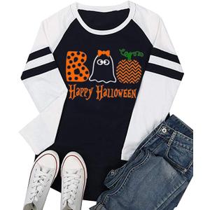 Happy Halloween Ghost Souls Funny Tshirt for Women Long Sleeve Tops Cute Color Block Casual Shirt (Large, White)