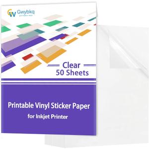 Gwybkq Clear Printable Vinyl Sticker Paper for Inkjet Printer,50 Sheets Transparent Decay Paper Clear Labels, Dries Quickly Vivid Colors, Tear & Scratch Resistant