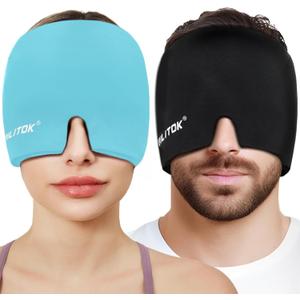 Migraine Relief Gel Ice Head Wrap, Hot and Cold Therapy Headache Relief Hat, Migraine Cap for Puffy Eyes, Headache Eyes Mask for Sinus, Tension and Stress Relief (Black & Blue)