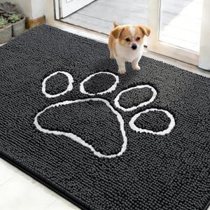 OLANLY Dog Door Mat for Muddy Paws 48x30, Paw Print Design, Absorbs Moisture and Dirt, Absorbent Non-Slip Washable Doormat, Quick Dry Chenille Mud Mat for Dogs, Entry Indoor Entryway Carpet, Dark Grey