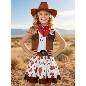 Nuehoryu Cowgirl Costume for Girls Brown Western Outfit for Kids Halloween Party Dress Up with Cowboy Hat and Bandanna (9-10 Years)