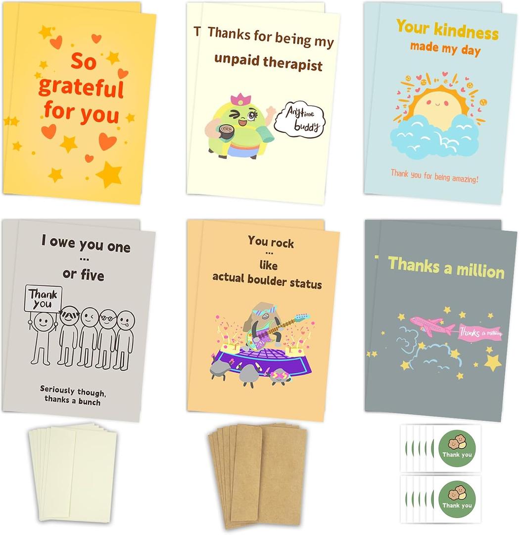 12-Pack Thank You Cards with Envelopes & Stickers - 5x7 Inch Blank Inside - 6 Fun & Heartfelt Designs - Cute Appreciation Cards for Teachers, Coworkers, Friends, Family