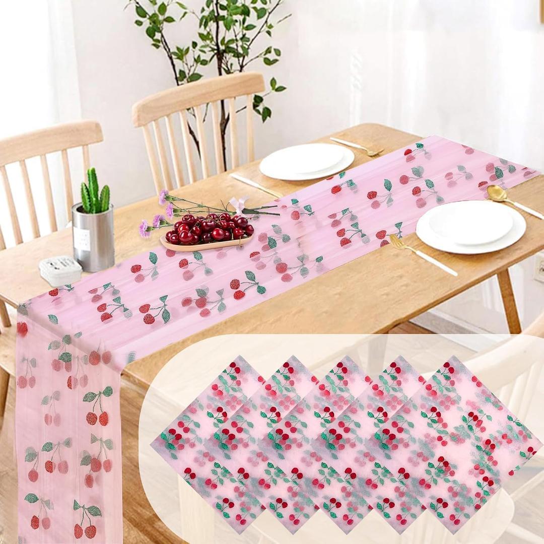 5 Pcs Pink Cherry Pattern Tulle Table Runner 29x70 Inch Transparent Lace Decoration Tablecloth for Family Birthday Wedding Party Decorations Home Kitchen Table Decor (Cherry)