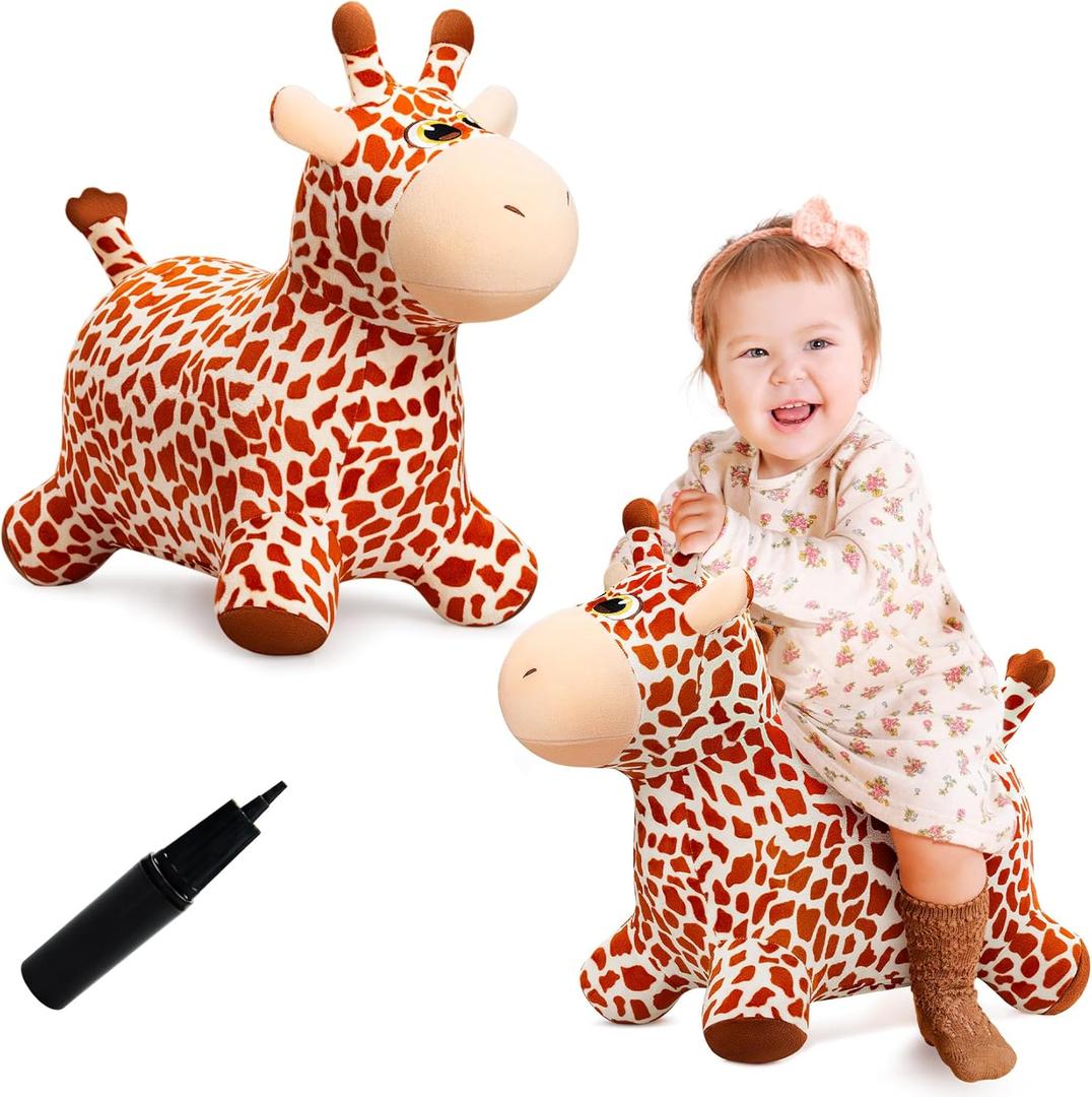 VangeBow Giraffe Bouncy Horse Toys for 1 2 3 4 5 Year Old Kid Gift, Plush Giraffe Ride On Bouncy Animal for Toddlers 1-3, Indoor Outdoor Inflatable Hopping Toys for Girl Boy Birthday Gift(Pump Includ)