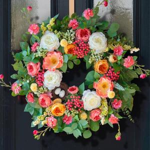 24 Inch Spring Wreaths for Front Door Outside,Handcrafted Spring Door Wreath with Roses,Eucalyptus Greener y& Bird Nest Eggs,Luxury Summer Wreaths for Front Door for Porch Home Wall Window