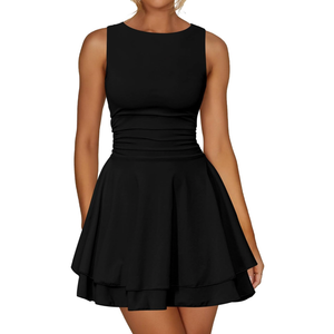 Kaximil Women's Ruffle Hem Boat Neck Mini Dress Sleeveless Ruched Corset Short Party Dresses Small