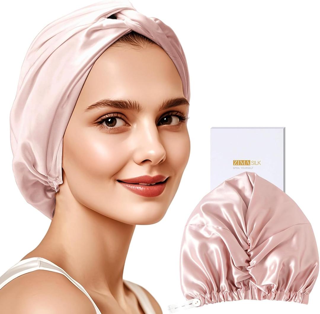 ZIMASILK 22 Momme 100% Mulberry Silk Shower Cap for Women Hair Care, Silk Hair Wrap for Sleeping (One Size, Pink)