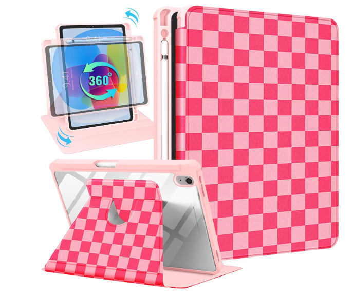 for iPad A16 Case - for iPad 10th Generation Case 10.9 Inch Women Girls Cute Girly Teens Kids Pretty Checkered Unique Aesthetic Rotating Stand Folio Tablet Cover for Apple 10/11 2025