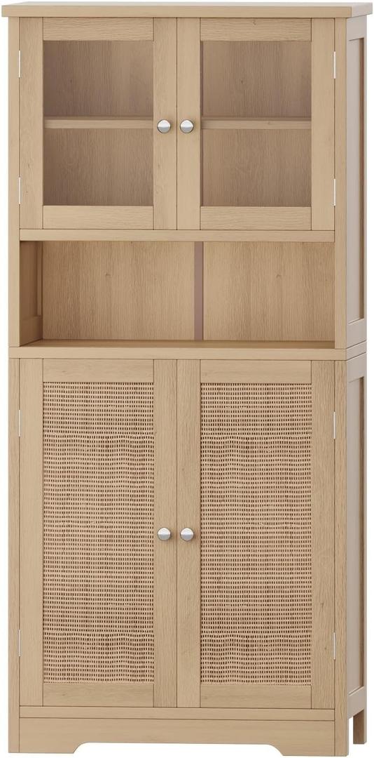 Irontar Rattan Bathroom Cabinet, 23.6 x 11.8 x 50.4 Inches Bathroom Floor Cabinet with Open Shelf, Display Storage with Doors, Kitchen Cupboard, Storage Cabinet for Living Room Natural CWG006M
