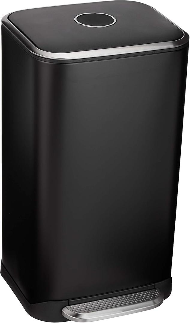 Amazon Basics Rectangular Metal Trash Can With Soft-Close Foot Pedal, Fingerprint Resistant, Removable Inner Bucket, 32 liter/8.5 gallon, Black, 14"L x 14"W x 25.3"H