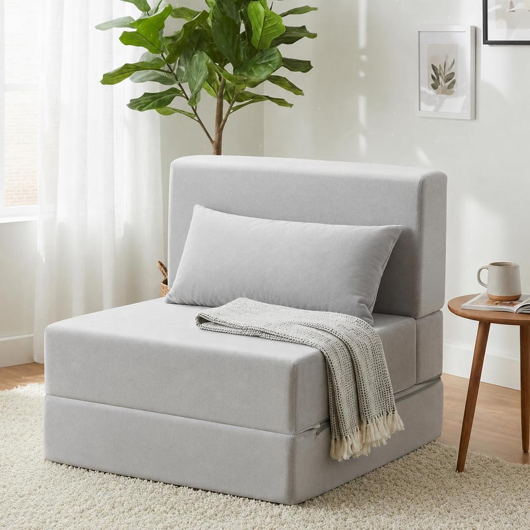 Folding Sofa Bed, Convertible Sleeper Chair, No Assembly, Gray | Boneless Sofa Couch, Foldable Mattress & Back Support, Portable Floor Lounger Futon for Small Apartment, Dorm, Guest Room