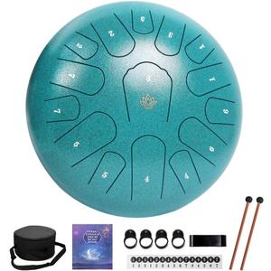 Rain Drum for Outside Garden,Steel Tongue Drum 12 Inches 15 Notes Musical Instruments, Handpan Drum Percussion Instrument, with Soft Bag, Music Book, 2 Mallets, for Meditation or Yoga (Green)