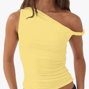 Women One Off The Shoulder Ruched Twist Crop Tank Tops Sleeveless Asymmetric Slim Fit Y2K Going Out Cami Shirt, Medium