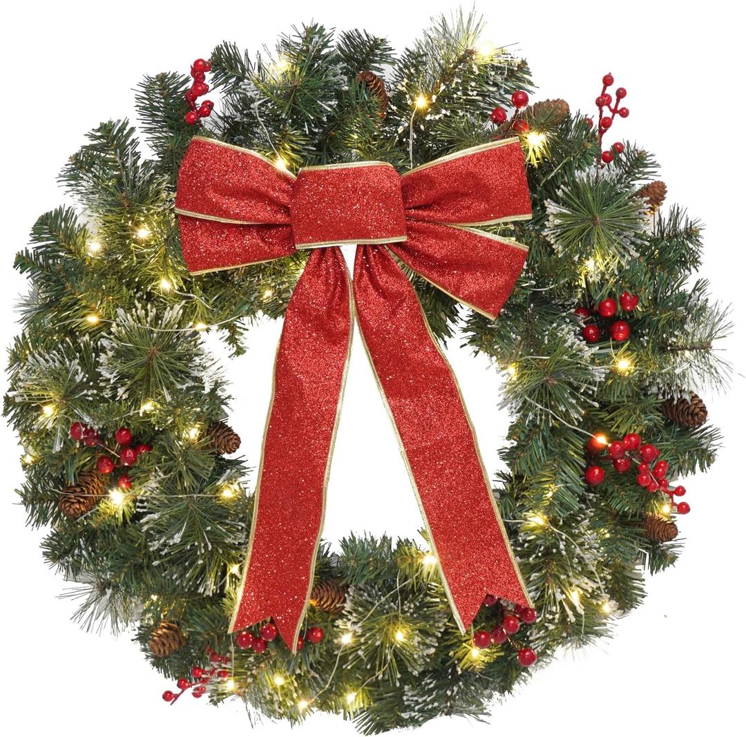 Christmas Wreath Front Door Wreath - 24 Inch Pre-Lit Outdoor Wreaths for Front Door Battery Operated 55 White Lights Bulbs Christmas Decoration Wall Wreath Outside DiliComing (Green)