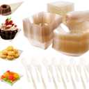 HEHIPLE 200 Pcs Mini Appetizer Plates with Spoons and Forks, Clear Disposable Dessert Bowls and Serving Trays, Tiny Plastic Party Plates for Appetizers, Tastings, Desserts (Gold)