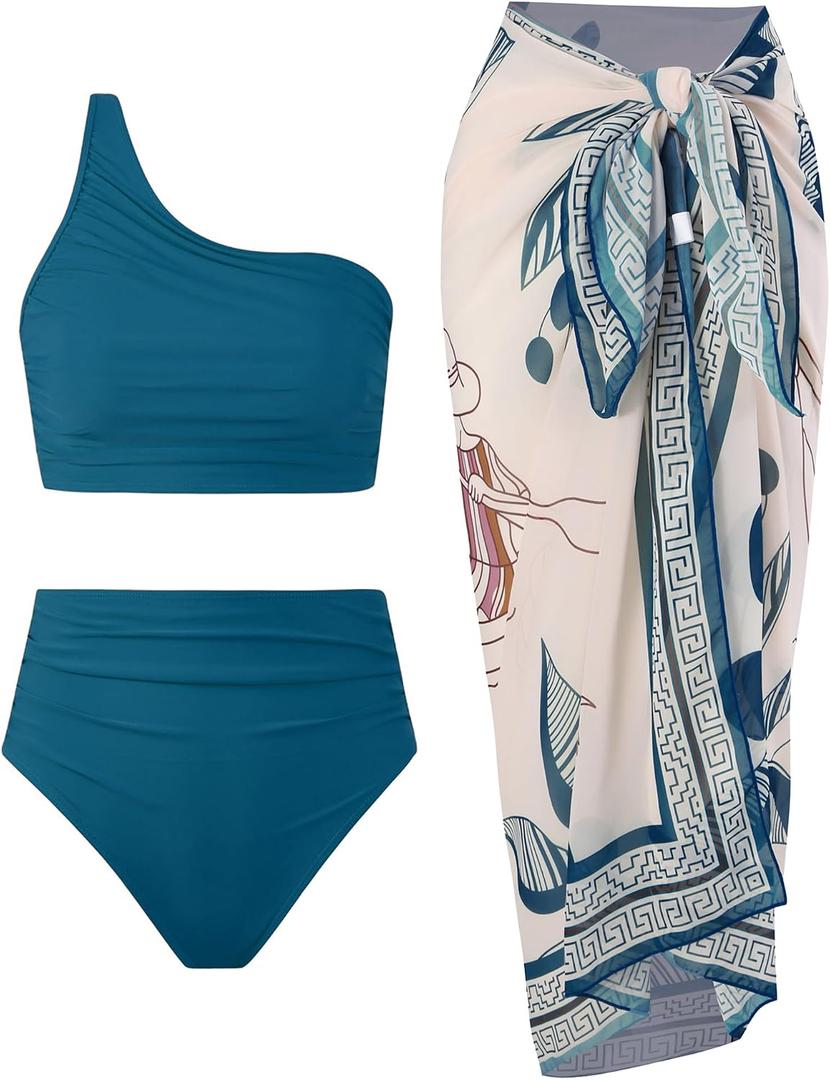 3 Piece Swimsuits for Women High Waisted Bikini Sets Retro Swimsuit with Cover up Beach Wrap Skirt M