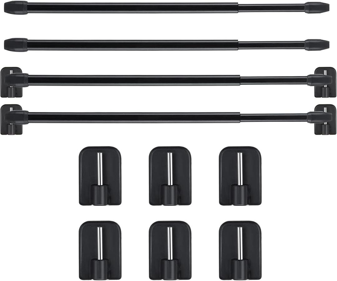 Jetec 4 Pieces Extendable Curtain Rod Cupboard Bars Tensions Adjustable Plastic Curtain Rod with 10 Pieces Self Adhesive Hooks for Home Bathroom Hotel Supply(15.7 to 27.5 Inch,Black)