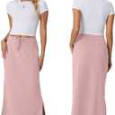 Lepunuo Casual Maxi Skirts for Womens High Waist Trendy Drawstring Side Slit Skirts with Pockets (Pink, M)