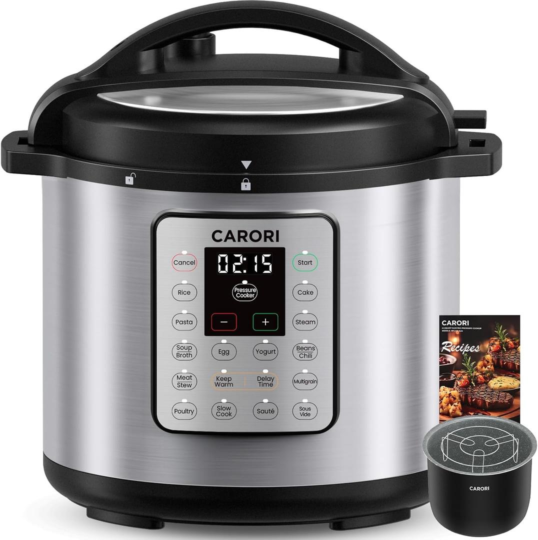 CARORI 1200W 12-in-1 Electric Pressure Cooker 8Qt, Stainless Steel Pressure Cooker, Slow Cook Rice Cooker Steamer Saut, Yogurt Maker, Warmer & Sterilizer with Recipe, Safer Venting Design, Sliver