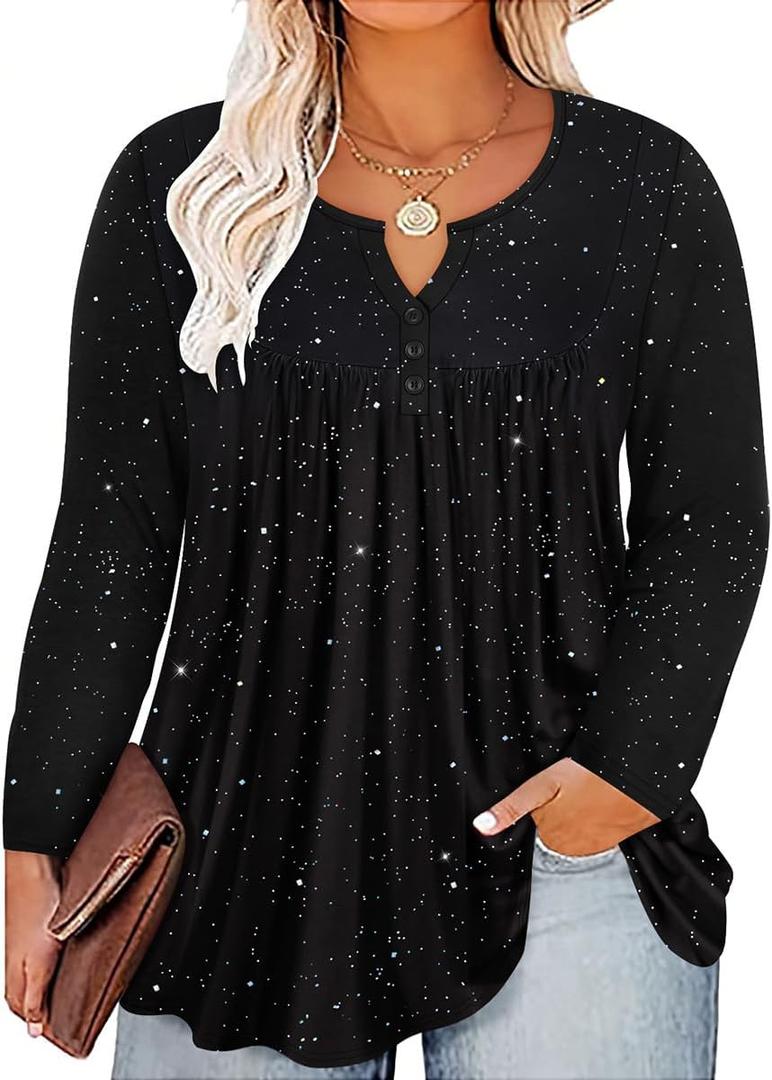 RITERA Plus Size Long Sleeve Tunic Tops for Women Henley V Neck T-Shirt V Neck Casual Blouses Fall Winter Halloween Christmas (Black, XL)