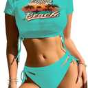 Sexybody Women's 3 Piece Swimsuit Halter String Bikini Tie Side Mesh Short Sleeve Bathing Suits (Blue, L)