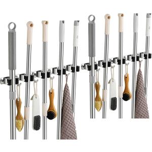 2 Pack Broom Holder Wall Mount, Stainless Steel Broom Hanger Wall Mount, Heavy Duty Mop and Broom Holder Tool Racks Utility Hooks for Laundry Room Garden Garage, Black (5 Racks and 4 Hooks)