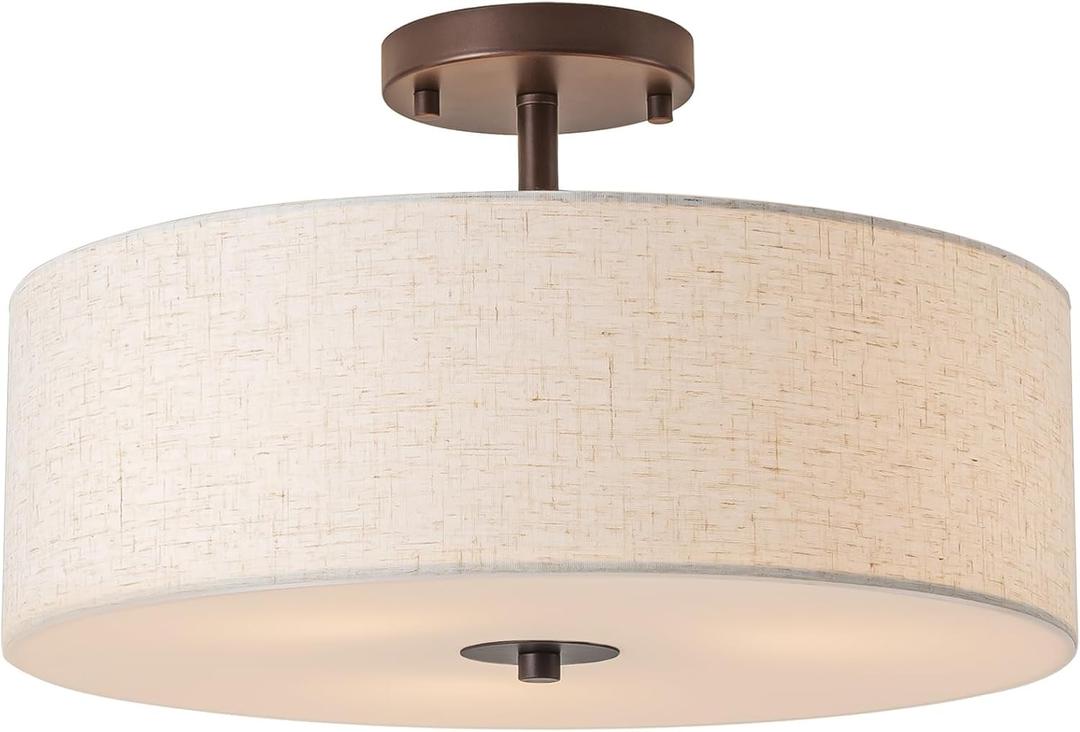Semi Flush Mount Ceiling Light,16" Linen Drum Light Fixture,Bronze