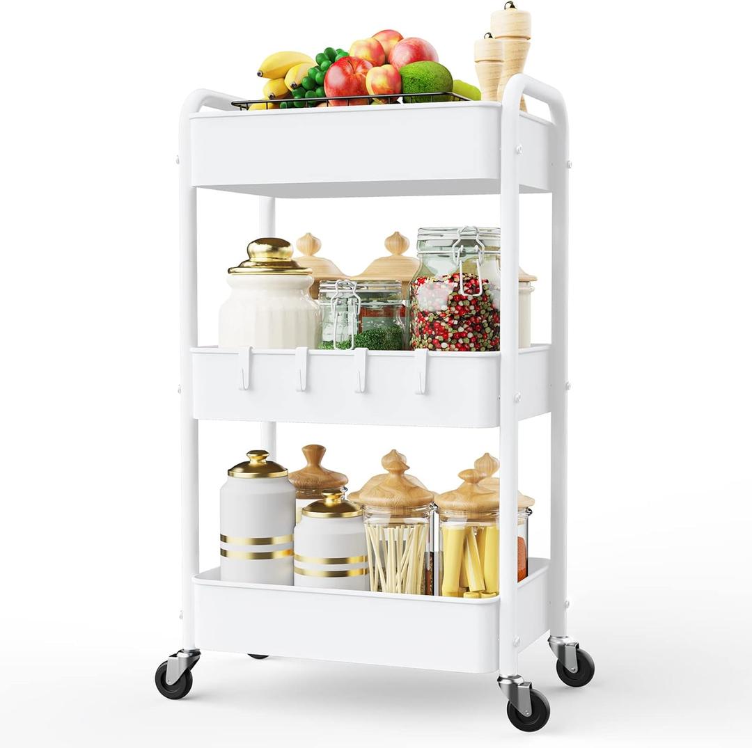 LEHOM 3 Tier Rolling Storage Cart, Metal Trolley Utility Cart with Wheels & Hooks, Easy Assembly Organizer Storage Cart for Bathroom Kitchen Office Bedroom White