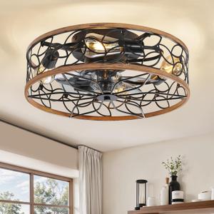 LEDIARY Caged Ceiling Fans with Lights, Farmhouse Flush Mount Ceiling Fan with Remote, Black & Walnut Low Profile Ceiling Fan Light Fixture for Bedroom, Kitchen, Dining Room. (Medium)