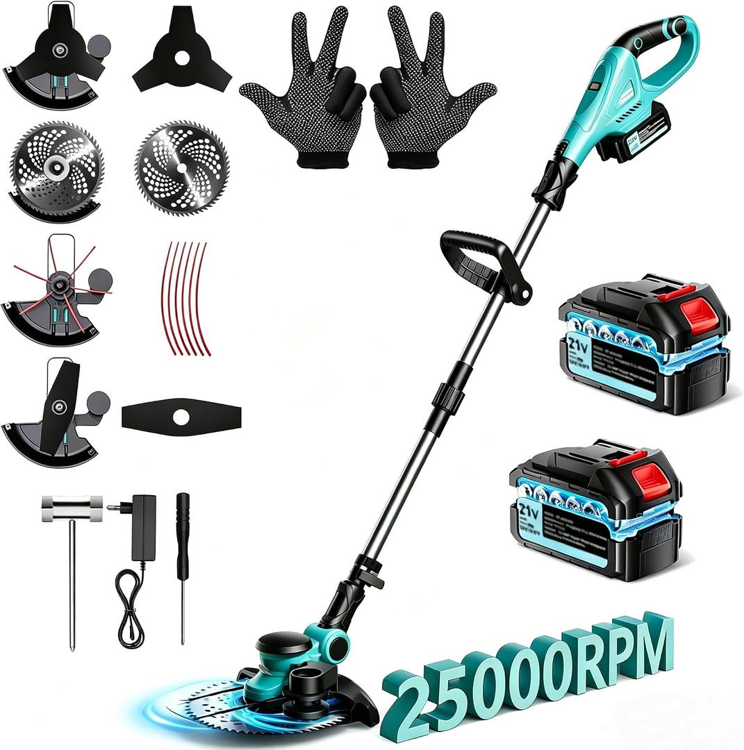 25000 RPM Electric Weed Wacker, 2 Battery, 12 Brushless Cordless 4-in-1 Brush Cutter/Weed Eater/String Trimmer/Grass Trimmer, Electric String Trimmer 2 Batteries and Charger