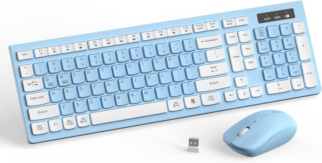 Wireless Keyboard and Mouse Combo, Full-Sized Wireless Keyboard and Adjustable DPI Mouse, 2.4GHz USB Receiver, Keyboard and Mouse for PC, Windows, Desktop, Laptop (Sky Blue-A)