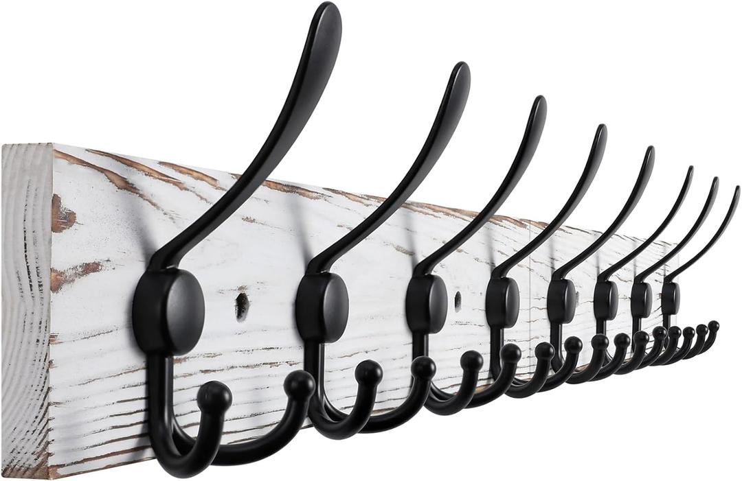 32.2'' Large Coat Rack Wall Mount Coat Hooks with 8 Metal Black Triple-Hooks Old White Pine Real Wood Plank Hat Rack for Wall Hooks