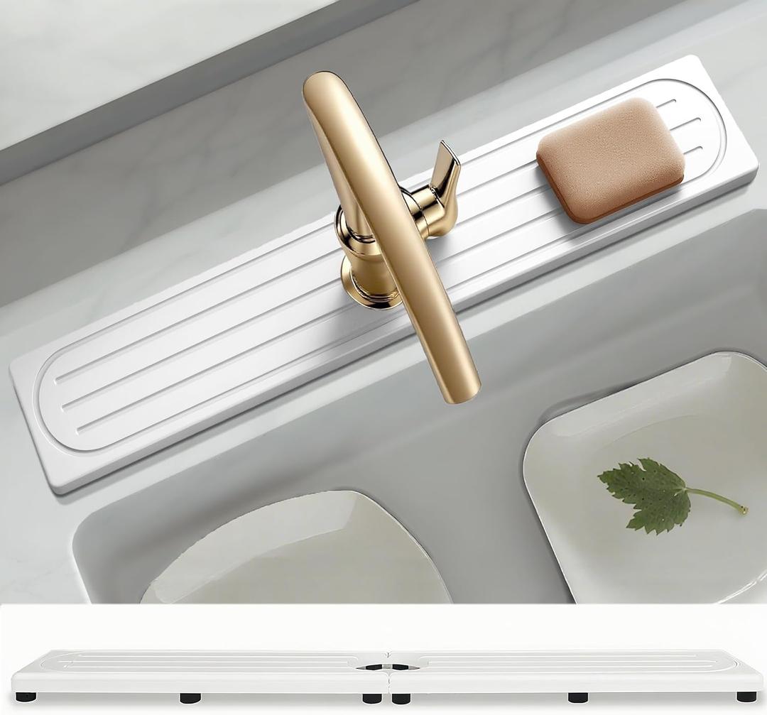 Faucet Mat for Kitchen Sink with Raised Feet, Stone Sink Mat Quick Dry around Faucet, Water Absorbent Stone Tray, Sink Splash Guard & Protectors, Stone Drying Mat for kitchen Counter (23.7" x 4", White Gray Style 1)