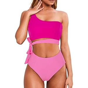 MOOSLOVER Women One Shoulder High Waisted Bikini Tie High Cut Two Piece Swimsuits L
